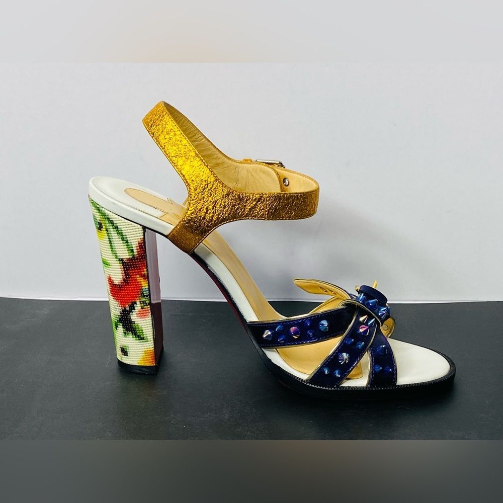 Christian Louboutin Metallic Gold & Blue Studded Women’s High Heel Sandals